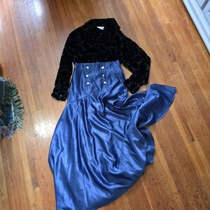 Tracy M Black Velvet Floral Burnout Top And Satin Blue Skirt